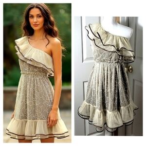 NWT Ryu One Shoulder Ruffle Dress Cream Floral Mesh Lace w/ Brown Underlayer